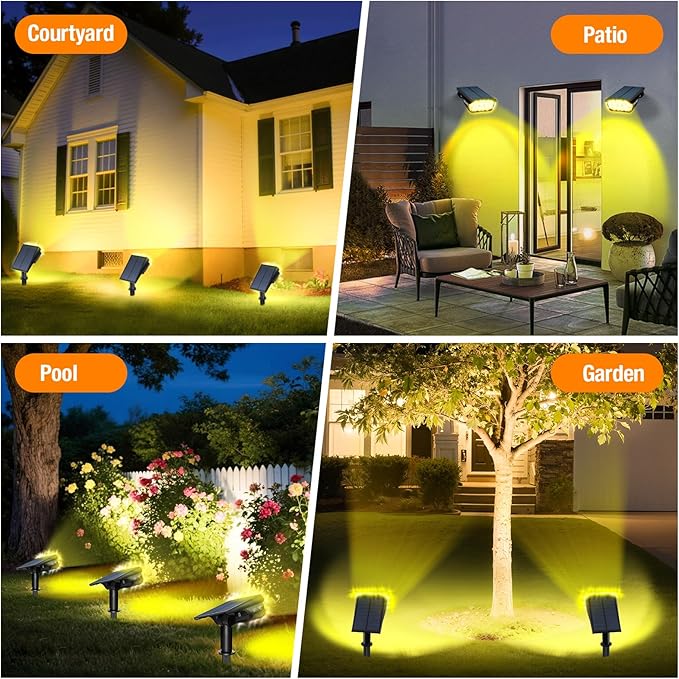 4 Pack Solar Spot Lights Outdoor 1000 Lumens 64 LEDs IP67 Waterproof Landscape Lighting with 4 Modes - 2-in-1 Solar Spotlight &amp Pathway Light for Garden Yard Patio Decor Warm White