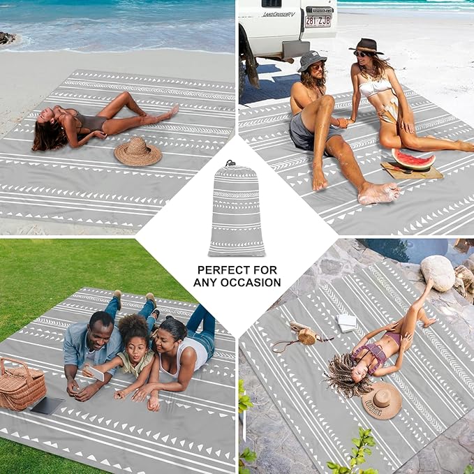 Extra Large 110''×118'' Beach Blanket for 8 Adults Outdoor Beach Mat Sand Free Waterproof with 4 Stakes &amp 4 Corner Pockets Polyester Lightweight Foldable Grey Picnic Mat for Travel Camping Hik