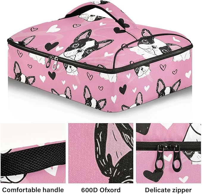Casserole Carrier Pink Dog White HeartsInsulated Casserole Carrier for Hot or Cold Food Thermal Lunch Tote for Potluck Parties Picnic Beach Fits 9 x 13 Inches Baking Dish
