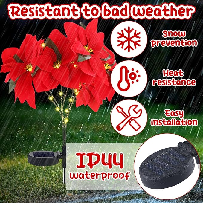 VIHOSE 2 Pcs Christmas Solar Poinsettia Lights Outdoor Artificial Flowers Landscape Waterproof Solar Poinsettia Lights for Yard Lawn Patio Garden Pathway Xmas Party Supplies (10 FlowersRed)