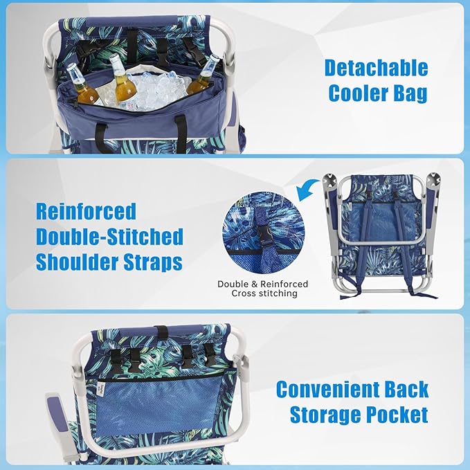 SUNNYFEEL Low Beach Chairs for Adults 5 Position Lay Flat Portable Folding Backpack Beach Chair Heavy Duty with Cooler Bag Cup Holder for Outdoor/Lawn/Picnic Foldable Camping Chair
