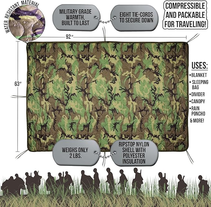 MEDALS OF AMERICA EST. 1976 Military Gear Blanket Poncho Liners Woobie Emergency Blanket - Military Surplus Cold Weather Camping and Hunting Woobie Blanket (Woodland)