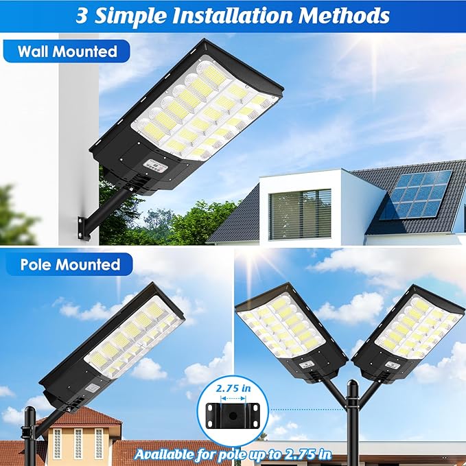Solar Street Lights Outdoor 5000W 500000LM Waterproof Motion Sensor Solar Powered Flood Lights with Remote Control 8500K Dusk to Dawn Commercial Area Lighting for Outside Parking Lot 2-Pack