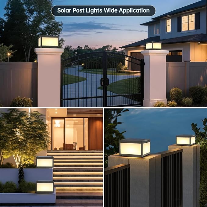 Solar Post Lights Outdoor Pillar LightSolar Cap Column Lighting LED Square Deck Cap Lamp for Flat Surface Patio Garden Decoration Stainless Steel Lamp Post Dusk to Dawn with IP65 Waterproof（10x10）