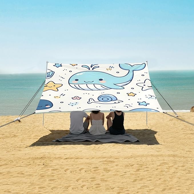Cute Line Whales Little Stars Shells Camping Sun Shelter Beach Tent Portable Beach Sun Shade Outdoor Canopy for Camping Trips Fishing Picnic