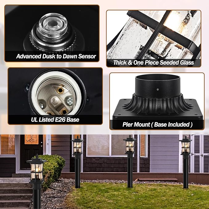 2 Packs Dusk to Dawn Outdoor Post Light Fixture with Pier Mount Base - Black Outdoor Pole Lighting Waterproof Pillar Lantern Modern Outside Column with Seeded Glass for Pathway Garden Patio