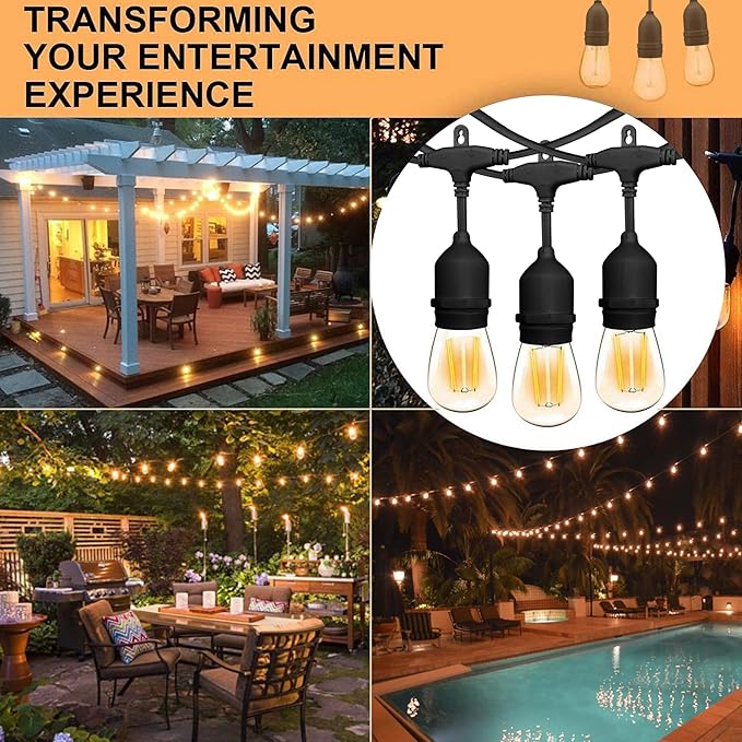 Banord Outdoor String Lights Commercial Grade 96ft Waterproof with 30 S14 Shatterproof Dimmable LED Bulbs Heavy Duty Hanging Lights for Patio Garden Backyard Decoration 2W 2x48ft Strands