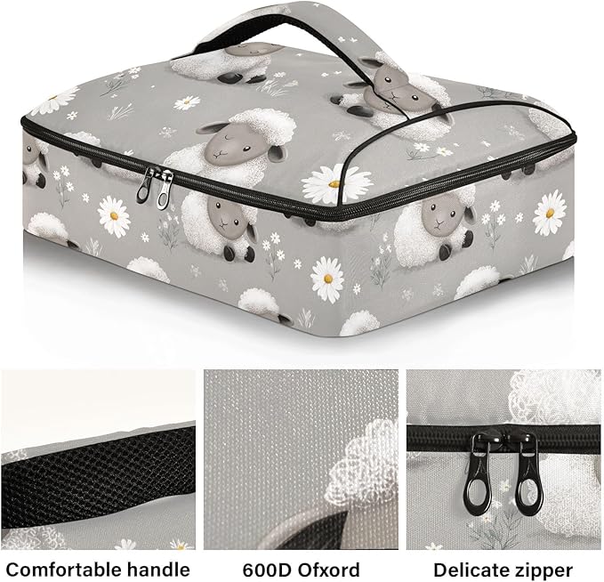 Casserole Carrier Cute Sheep PatternInsulated Casserole Carrier for Hot or Cold Food Thermal Lunch Tote for Potluck Parties Picnic Beach Fits 9 x 13 Inches Baking Dish