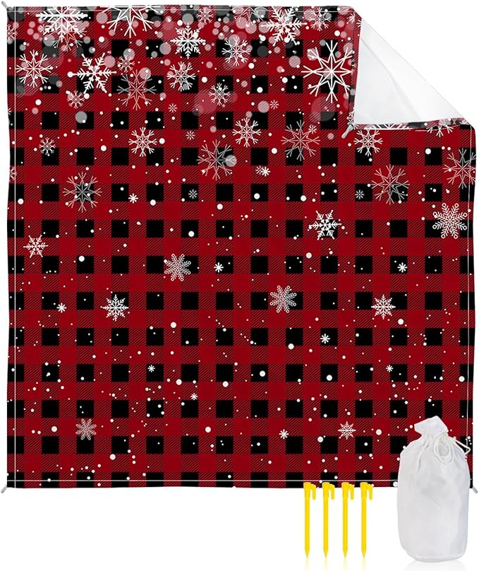 Beach Blanket Waterproof Sandproof Classic Black and Red Buffalo Plaid Quick Drying Beach Mat with 4 Stakes Winter Christmas Snowflakes Lightweight Picnic Blanket for Travel Camping Outdoor 83x79