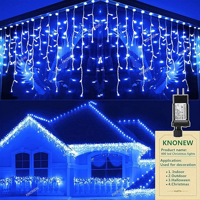 KNONEW Christmas Lights Outdoor Decorations 400 LED 33ft 8 Modes Curtain String Light with 75 Drops Clear Wire LED Fairy Light Indoor Decor for Wedding Party Christmas Decorations(Blue)