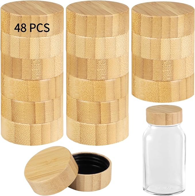 Wooden Jar Lids with Natural Wood 48 Pcs Storage Can Lids with Round Bottle Reusable Leak-Proof Fine Sealing Lids for 6 Oz 4 Oz Spice Jars