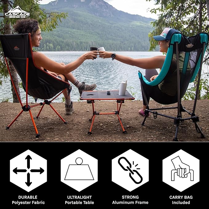 Cascade Mountain Tech Ultralight Camp Table - Lightweight for Backpacking Camping Sporting Events Beach and Picnics with Carry Bag - Black/Orange