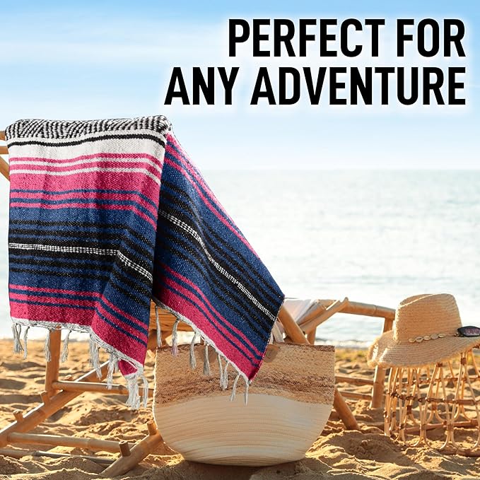 Hydration Nation Authentic Extra Large Mexican Blanket (70x50) - Handwoven Yoga Serape- Artisanal Falsa Beach Camping Picnic Outdoor - Twilight