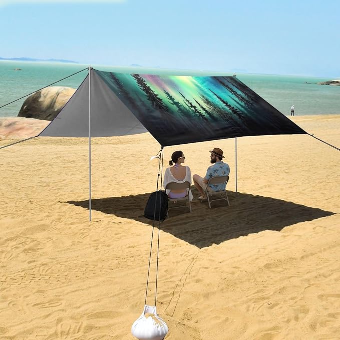 Coloured Aurora Lights Beach Tent Sun Shelter 9.2' x 10.5' Beach Canopy with 4 Sandbags 4 Stability Poles Sand Shovels - Tent Canopy for Beach Camping Fishing Picnics