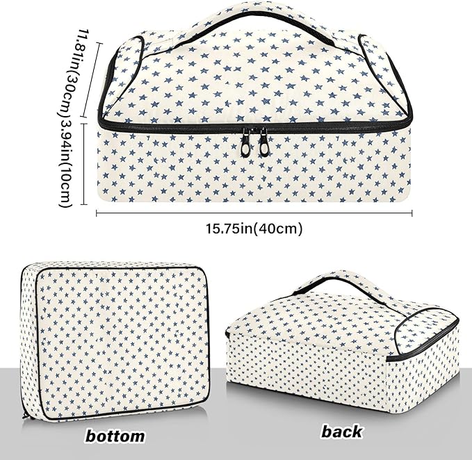 Casserole Carrier Pattern Small Blue Stars Cream BackgroundInsulated Casserole Carrier for Hot or Cold Food Thermal Lunch Tote for Potluck Parties Picnic Fits 9 x 13 Inches Baking Dish