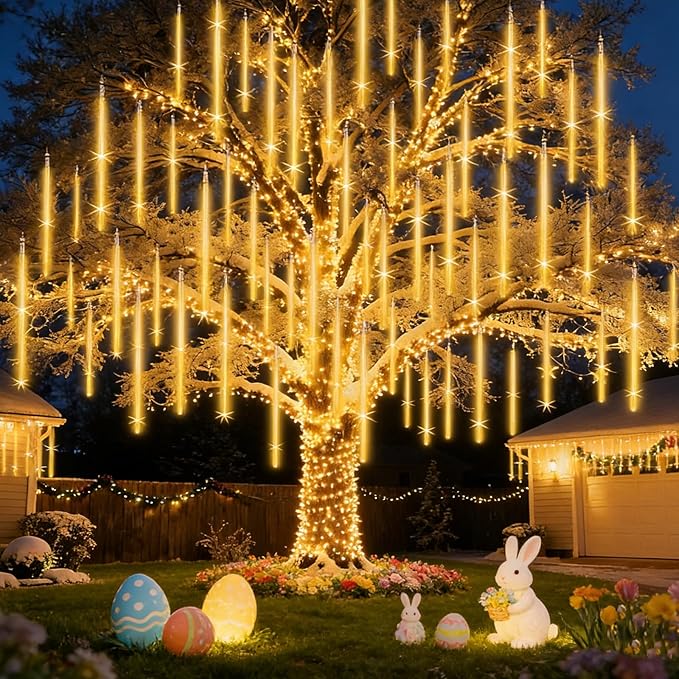 Meteor Shower Lights Outdoor Easter Lights UL Certified 20 Inch 20 Tubes 1080 LED Falling Rain Drop Lamp Snowfall Icicle Cascading String Lights for Xmas Holiday Tree Garden Decor Warm White