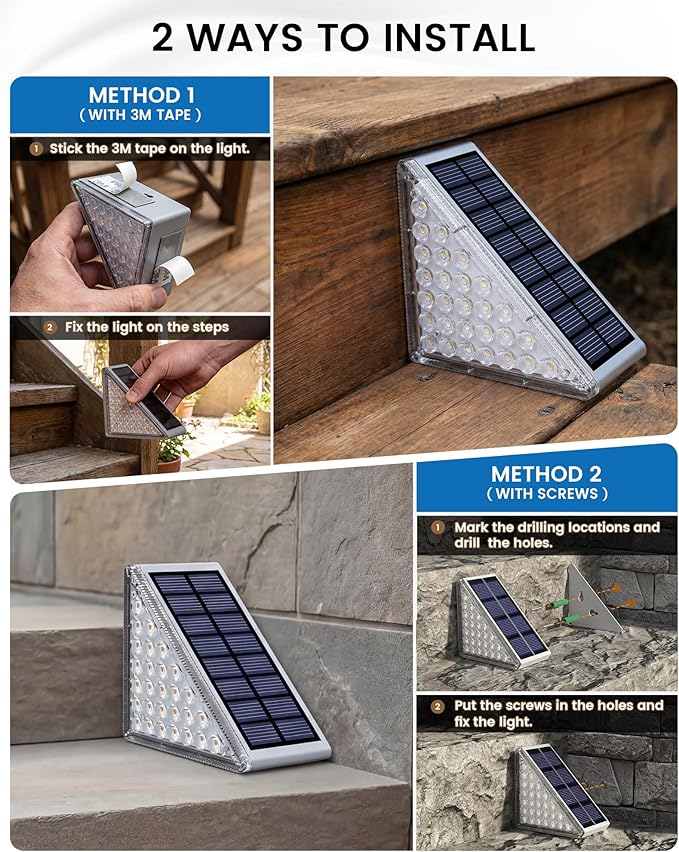 NIORSUN Outdoor Step Lights Upgraded 28 LEDs 2 Brightness Modes IP67 Waterproof Solar Stair Lights for Outside Steps 1200mAh Battery Long Runtime Warm White for Patio Deck Yard Porch 8 Pack