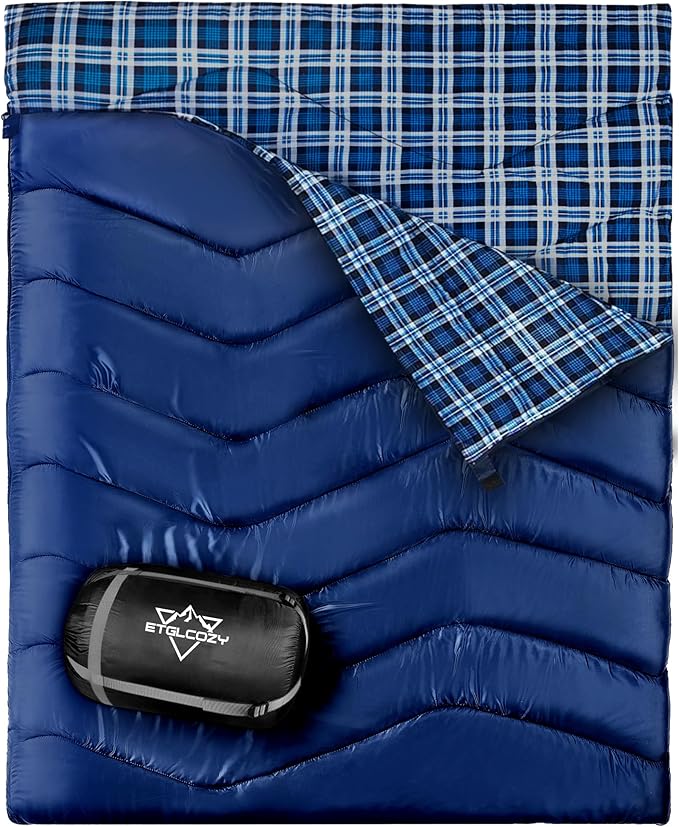 XL Queen Size 2 Person Double Sleeping Bag for Adults Lightweight Compact with Flannel Liner &amp Thermolock Draft Tube Machine Washable All Season Camping Travel