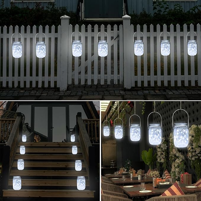 SmilingTown Solar Light for Mason Jars 20 LED Outdoor Fairy String Light Lids with Hangers for Jar Lantern Waterproof Rust Resist for Patio Lawn Garden Decor No Jars 10 Pack (Cool White)