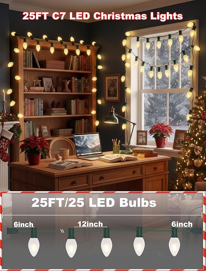 25FT C7 LED Christmas LightsFrosted White LED C7 Christmas String Lights with 27 LED BulbsCommercial Hanging Lights Candle House Porch Balcony Party Decor