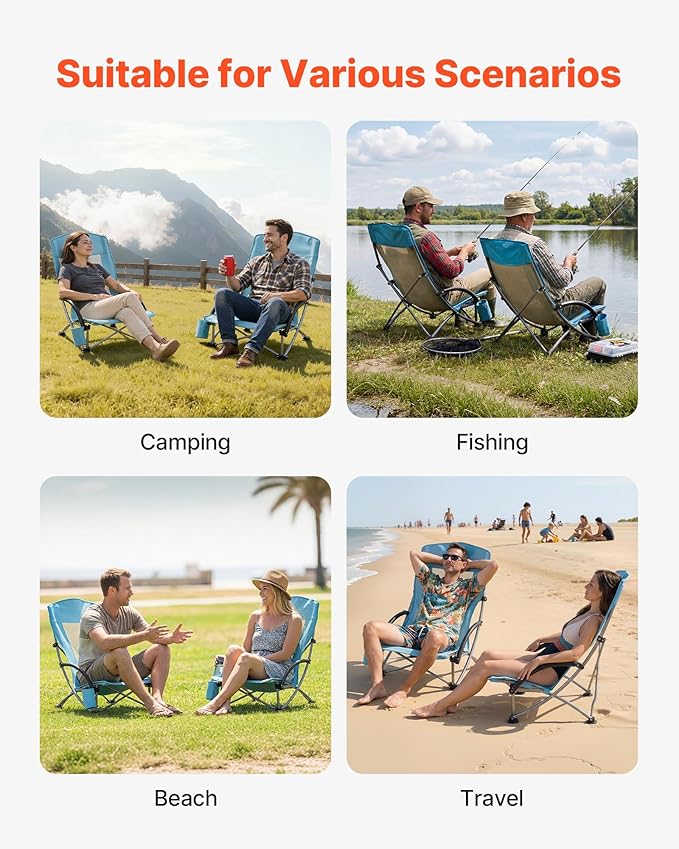 VEVOR Folding Beach Chair High Back Camping Chairs for Adults with Cup Pocket Mesh Back Carry Bag Portable Extra Wide Seat Chair 330 lbs Heavy Duty Support for Outdoor Camp Light Blue 2 Pack