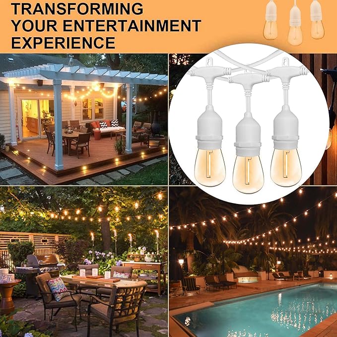 Banord White Outdoor String Lights Commercial Grade Patio Lights with 30 1W S14 Dimmable Shatterproof LED Bulbs Heavy Duty Hanging Lights for Outdoor Waterproof String Lights 96ft (2x48ft)