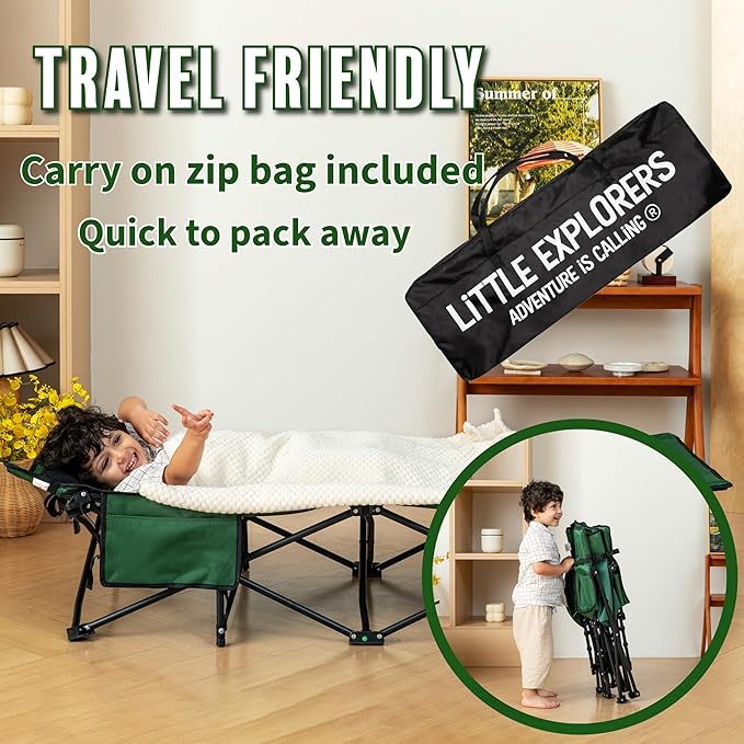 LITTLE EXPLORERS Kids cot Child Camping and Travel Cot Kids Cots for Sleeping Foldable Bed for Kid Includes Pillow and Bag | Age 3-12 | 60inch
