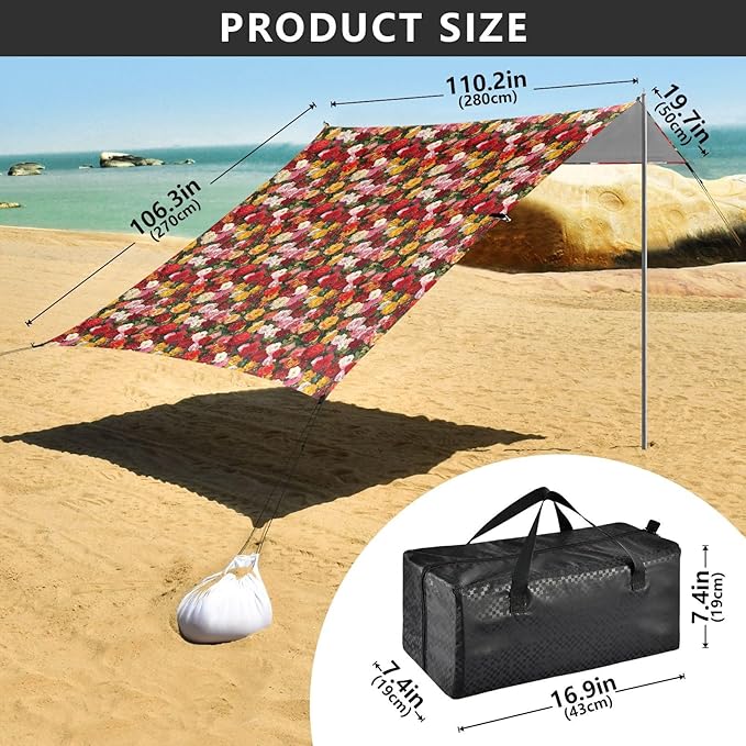 ALAZA Colorful Rose Flower Floral Painting Beach Tent Sun Shelter UPF50+ Protection Beach Shade Canopy w/ 4 Sandbags for Outdoor Camping Fishing Backyard Fun Picnic 10x9 ft