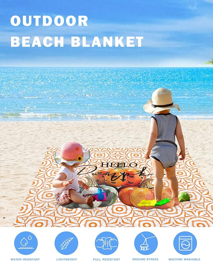 Beach Blanket Waterproof Sandproof Orange Pumpkin Fall Thanksgiving Abstract Geometric Quick Drying Beach Mat with 4 Stakes Autumn Farm Harvest Lightweight Picnic Blanket for Travel 83x79