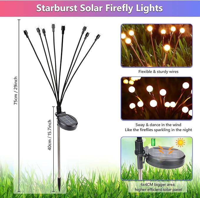BrizLabs Solar Garden Lights 4 Pack 32 LED Solar Powered Firefly Lights 2 Modes Swaying Light Waterproof Globe Pathway Outdoor Lighting for Yard Pathway Walkway Patio Decor Warm White