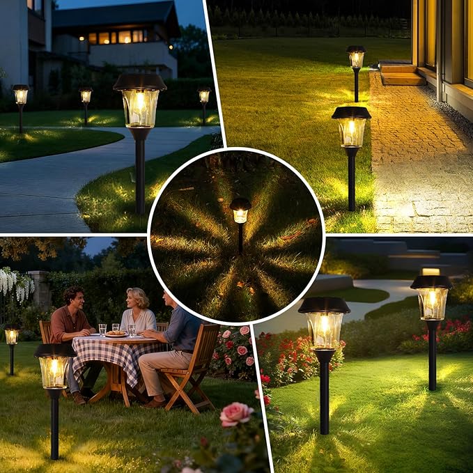 Solar Pathway Lights Outdoor 4 Pack Stainless Steel &amp Glass Solar Garden Lights Auto Dusk to Dawn IP65 Waterproof LED Path Lights for Yard Lawn Walkway Driveway