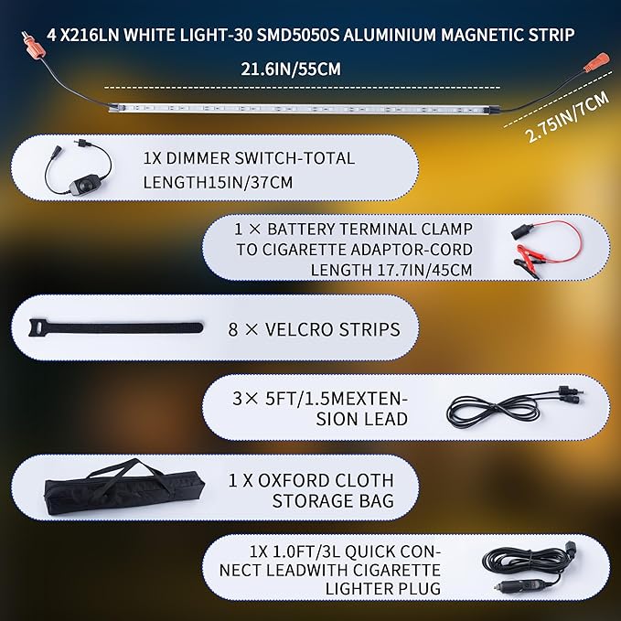 12V LED Interior Light Bar Kit 4 Bars White Adjustable Brightness RV Camping Lights - Waterproof IP67 Magnetic &amp Velcro Mount Portable Lighting for Tent Car Trailer Boat Truck Off-Road Ca
