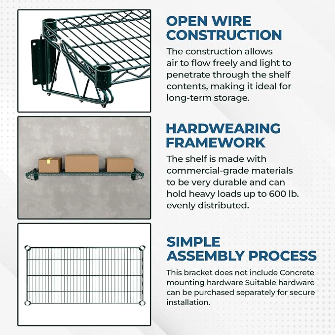 Premium Epoxy Green Wire Wall Shelf | NSF Certified | Heavy-Duty Wall-Mounted Storage Rack for Kitchen Utility &amp Food Service (24 x 54)