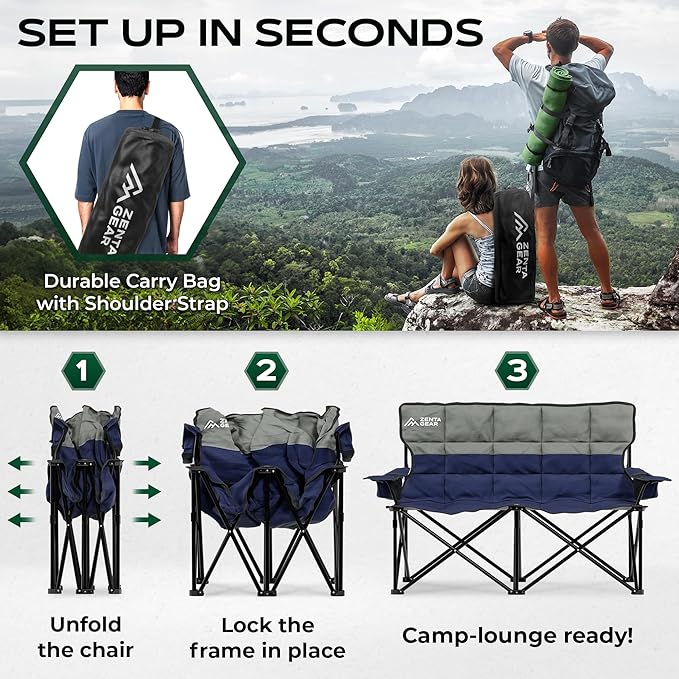 Oversized Fully Padded Double Camping Chair Portable Folding Loveseat w/Side &amp Back Pockets Adjustable Armrests Double-Sized Cup Holders for Outdoor Indoor Supports 530LBS (Dark Navy)