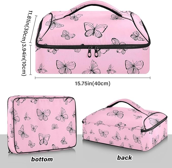 Casserole Carrier Beautiful Pinkish Pattern ButterfliesInsulated Casserole Carrier for Hot or Cold Food Thermal Lunch Tote for Potluck Parties Picnic Beach Fits 9 x 13 Inches Baking Dish