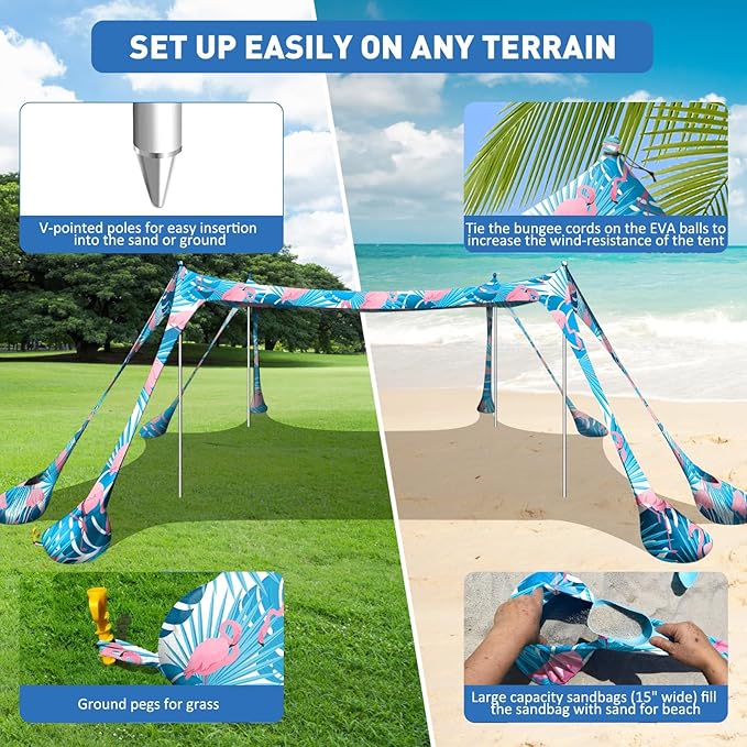 Beach Tent Sun Shelter 10x10ft Beach Canopy Easy Pop Up Sun Shade Portable UPF50+ with 8 Sandbags-2 Sand Shovel-4 Aluminum Poles-Ground Pegs for Outdoor Family Camping Fishing Backyard Picnic