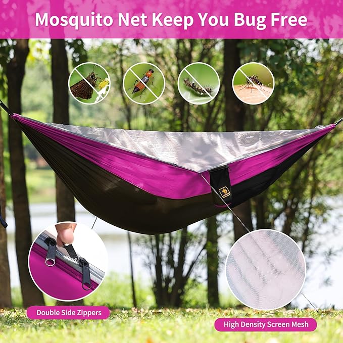 Camping Hammock Portable Hammocks with Mosquito NetLightweight Nylon Parachute Hammock with 10ft Tree StrapsCamping Gear Must Haves for Travel Hiking Backpacking Beach Patio-Black&ampPink