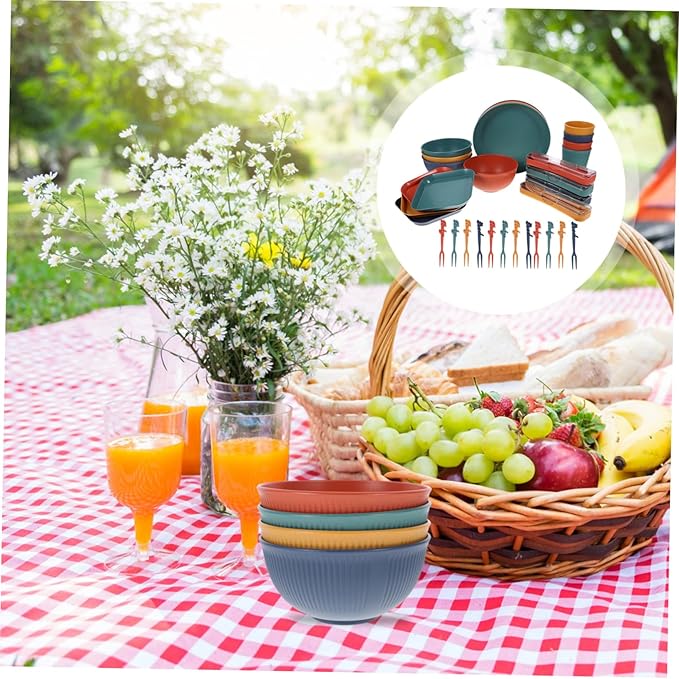 Wheat Straw Dinnerware Camping Utensil Outdoor Plates Straw Cutlery Kit for Camping Picnic Hiking Beach