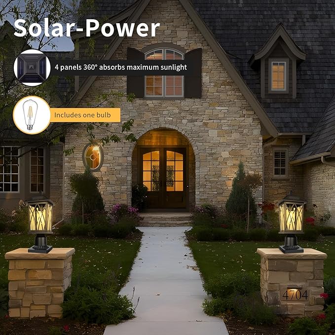 Treekee Solar Outdoor Post Light Black Rustic Outside Pillar Lantern with Clear Glass Waterproof LED Solar Powered Lamp for Patio Garden Pathway Porch Garage Fence 2 Pack (Bulb Included)