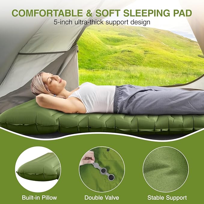 Sleeping Pad for Camping 5 Extra-Thick Camping Mat with Pillow Built-in Foot Pump Ultralight Inflatable Sleeping Mat for Camping Backpacking Hiking Camp Tent