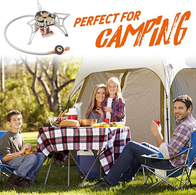 6800W Camping Stove with Piezo Ignition Portable Backpacking Gas Stove 1LB Propane Tank Adapter Butane Adapter for Outdoor Cooking Picnic Camping and Hiking