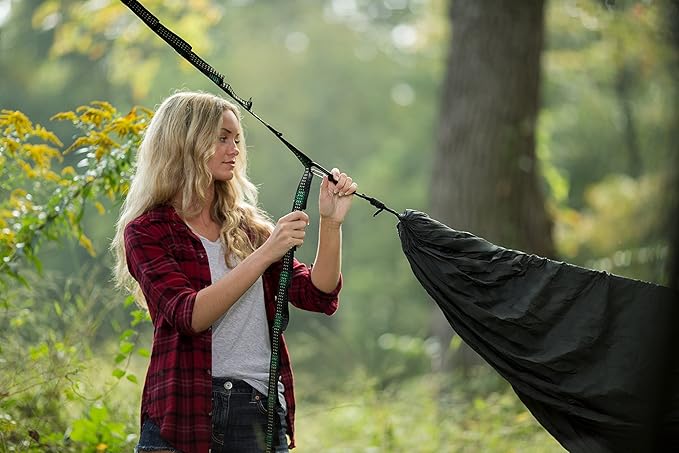 Go Camping Hammock 2.0 w/ Built-In Mosquito Net - Slate Gray by Go Outfitters: 11' Long X 64 Wide |Includes 2 Premium Aluminum Carabiners Rapid Deployment Bag 4 Stakes &amp 4 Shock Cords