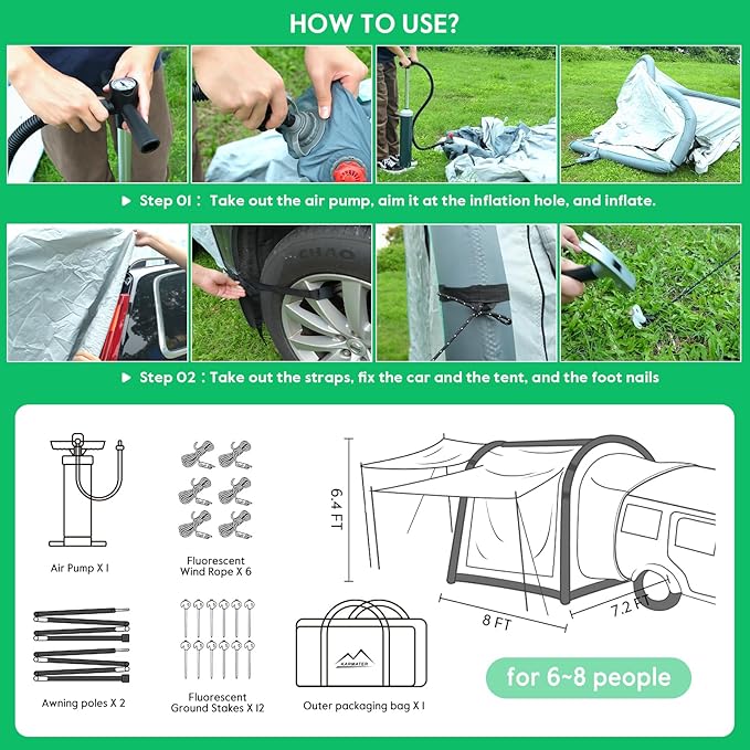 Inflatable SUV Tent for Camping Large Quick Setup Blow Up Tents 6-Person Tent with Detachable Car Attachment Tents with Storage Bag &ampProjection Screen Waterproof