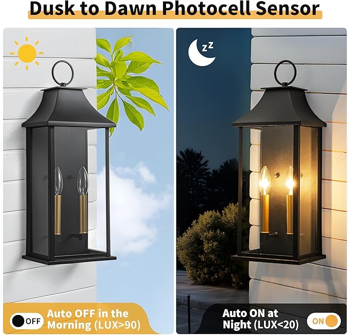 Dusk to Dawn Outdoor Wall Lantern 2-Light 20.6 Large Outside Wall Sconce Modern Black Wall Light Fixture with Glass Waterproof Exterior Lamp for House Porch Garage