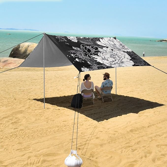 White Flowers Black Beach Tent Sun Shelter 9.2' x 10.5' Beach Canopy with 4 Sandbags 4 Stability Poles Sand Shovels - Tent Canopy for Beach Camping Fishing Picnics
