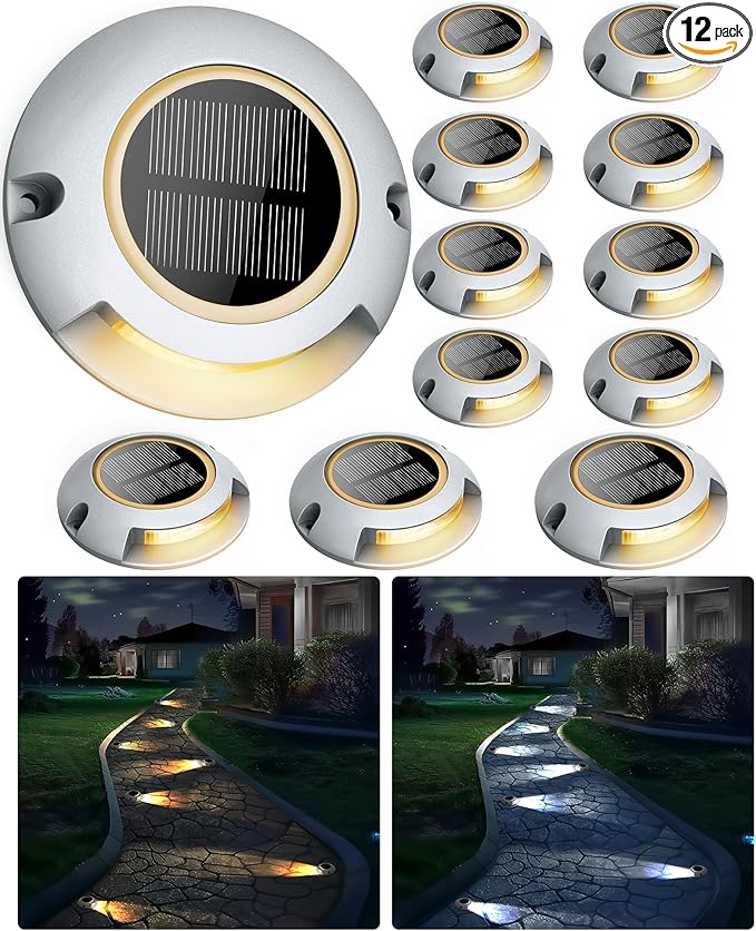 Solar Driveway Lights Outdoor Waterproof2 Color Modes Outdoor Solar Deck Dock Warning Step Lights for Driveway Marker Sidewalk Garden Pathway Yard (12 Pack)