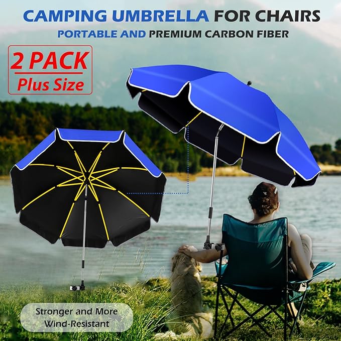 2Pack 48.8 inch Large Beach Umbrella with Clamp Sun Shade for Beach Chair 360°Adjustable UV Protection Golf Umbrella with Clip for Outdoor Stroller Wheelchair Camping Chair