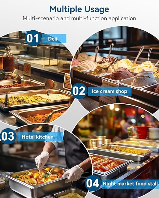 4 Pack Hotel Pans with Lids 1/1 Size 4 Deep Steam Table Pans Full Size Stainless Steel Food Pan 22 Gauge Anti Jam 20.8 L x 12.8 W Commercial Food Storage Containers