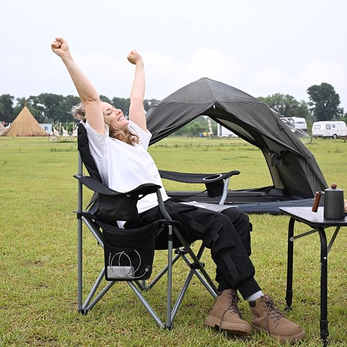 KingCamp Oversized Camping Folding Chair with Lumbar Support Heavy Duty Ergonomic Padded Arm Chair with Cooler Bag Cup Holder Portable for Outdoor