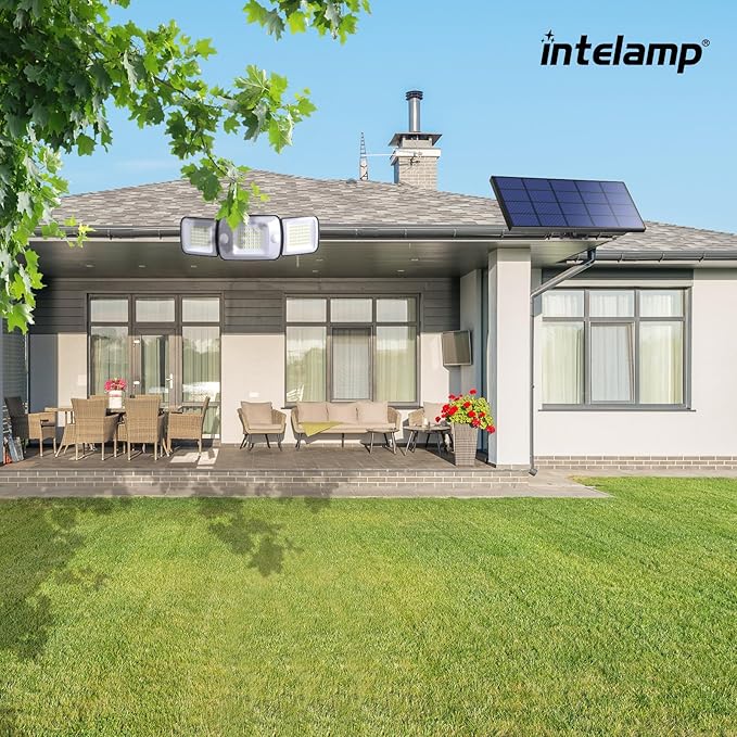 intelamp Solar Flood Lights Outdoor Waterproof 2 Pack 6000mAh 1200LM Solar Powered Dual Motion Sensor LED Lighting Dusk to Dawn Security Floodlight Exterior with Remote 9.8ft Cable for Garden House